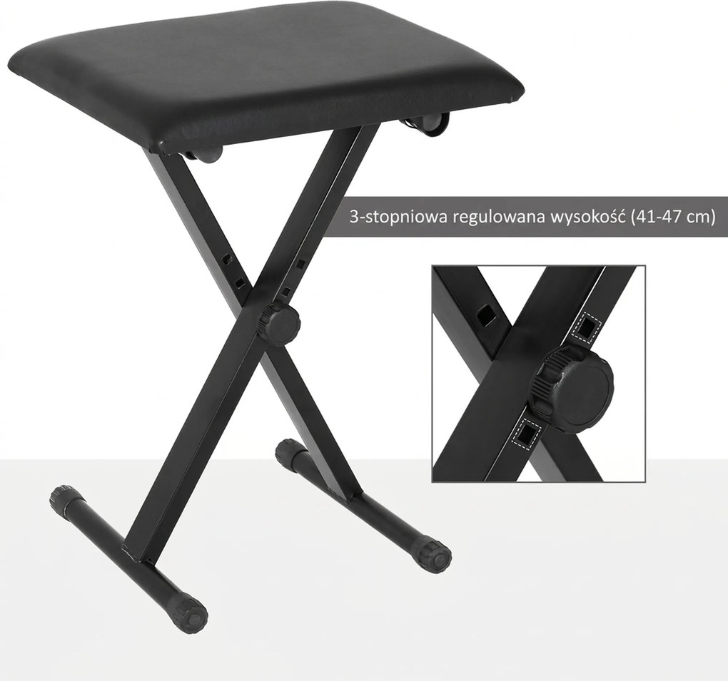 HOMCOM Stołek fortepianowy z regulacją wysokości Składany taboret do pianina Metal Sztuczna skóra Czarny 39 x 29 x 45–51 cm | Aosom PL