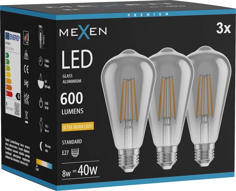 Mexen Vintis 3x żarówka filament LED E27, ST64, 8W, Ciepła - 2200K, 600 lm, smoke - L152-E27-0822-70x03