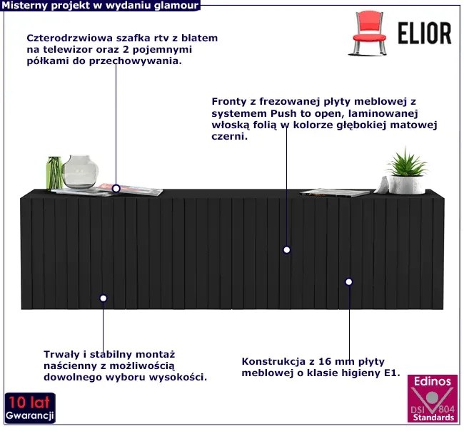 Czarna lamelowa szafka rtv ścienna - Filo 6X