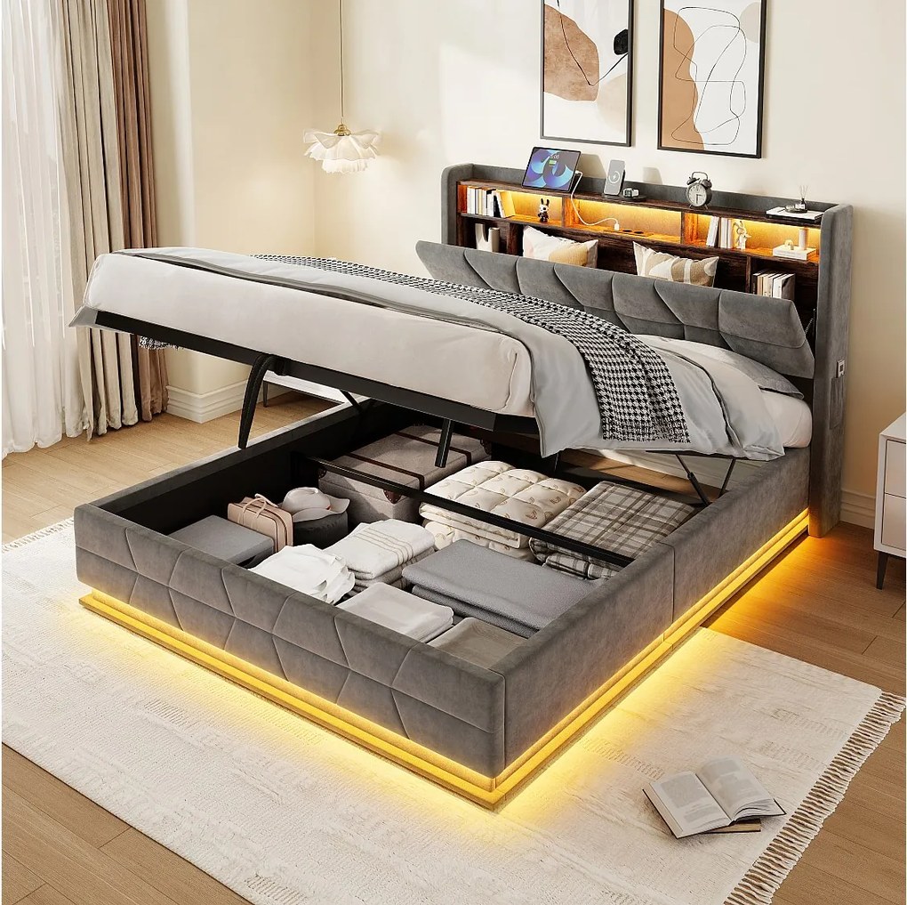 Łóżko hydrauliczne ze schowkiem - 160 x 200 cm - z diodami LED + kieszenie boczne + USB/Typ-C + zagłówek ze schowkiem - welur - ciemnoszary