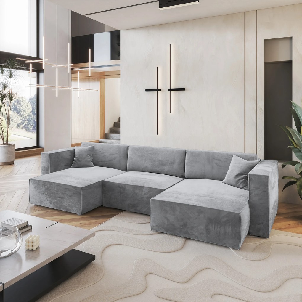 Masseno Narożnik SARMO z funkcją spania i pojemnikiem na pościel Narozniki U, Rozkładana sofa - Jasnoszary, MONOLITH 84