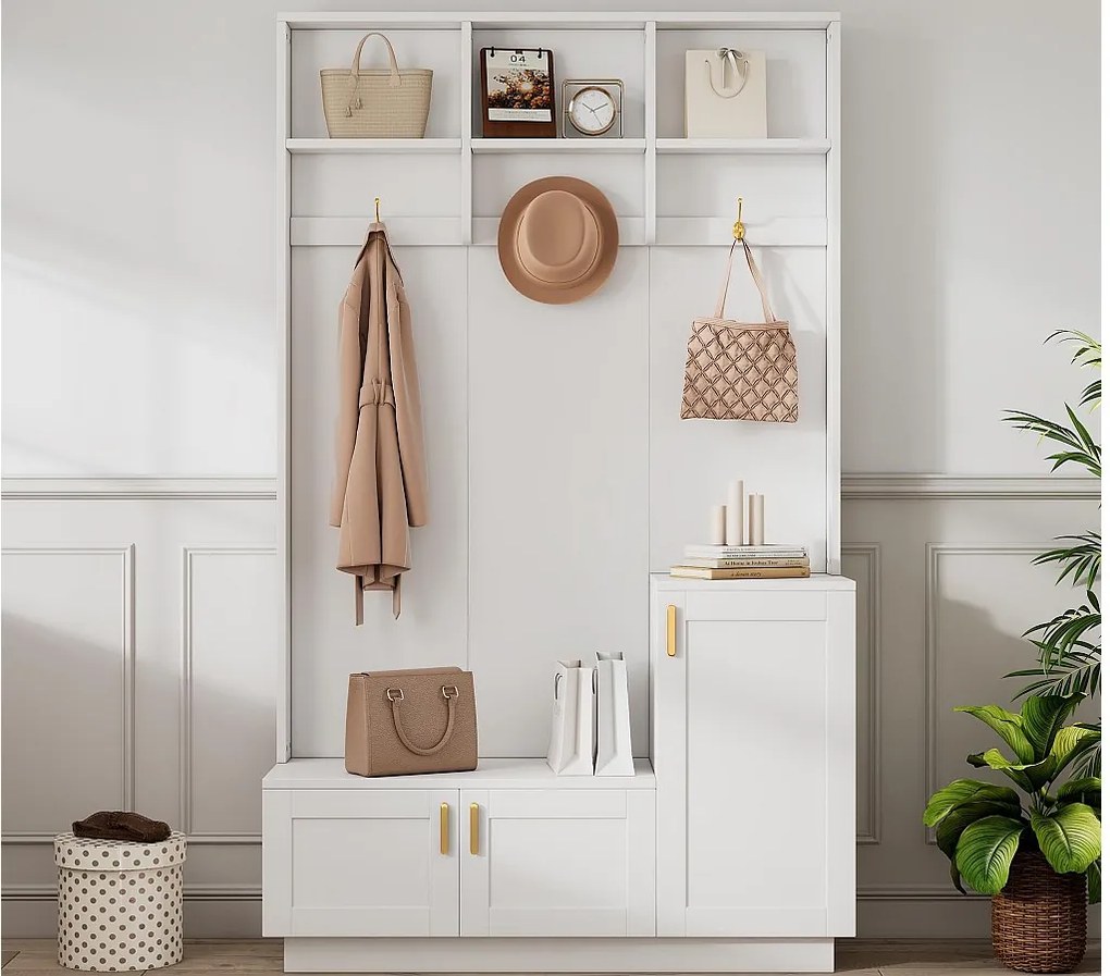 Nowoczesna szafa przedpokojowa - z wieszakiem i przechowywaniem butów - Ławka z miejscem do przechowywania - z 3 hakami - Biały