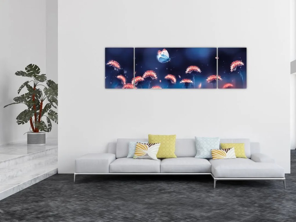 Obraz dmuchawca z niebieskim motylem (170x50 cm)