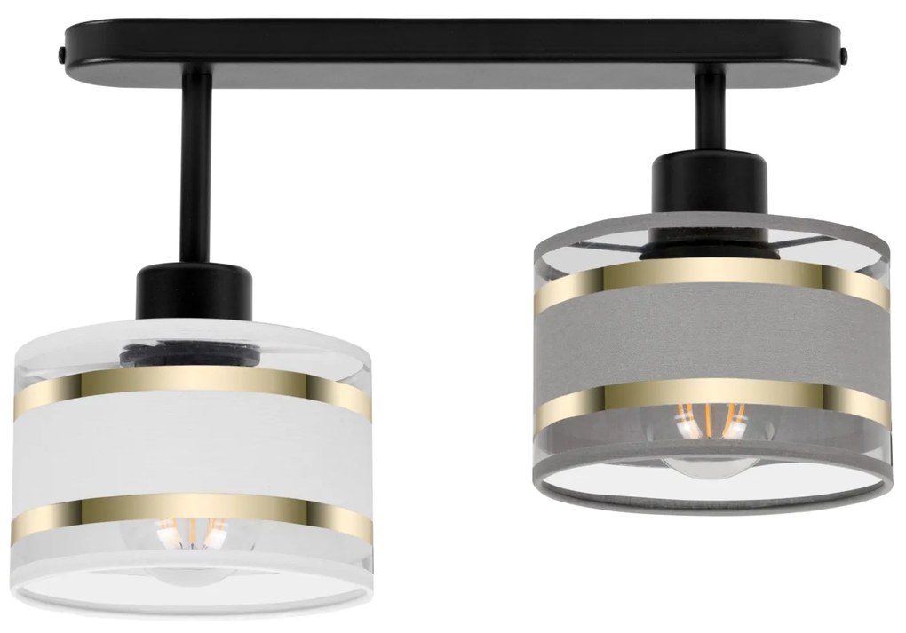 Lampa sufitowa czarna dwupunktowy spot z szaro-białymi abażurami T-330