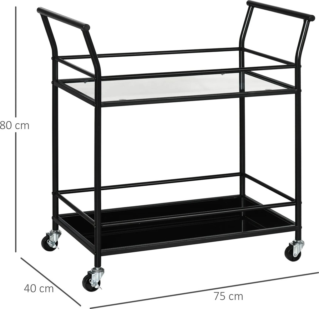 Wózek kuchenny HOMCOM z 4 kółkami, 2 półki i uchwytami, 75 cm x 40 cm x 80 cm, Czarny