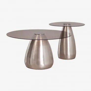 Zestaw 2 Okrągłych Stolików Kawowych Z Hartowanego Szkła Mariana Szczotkowana Szarość - Sklum
