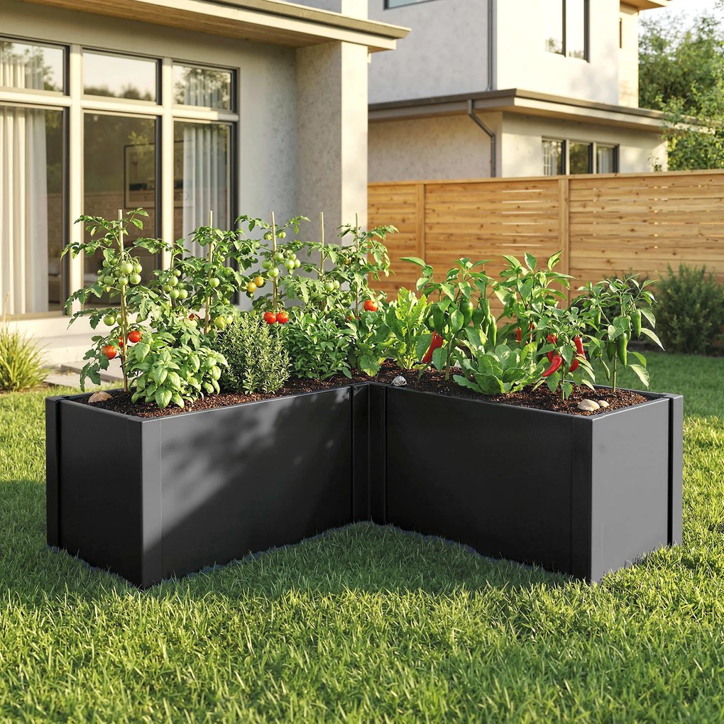 Outsunny Podwyższona grządka w kształcie litery L, odporna na warunki atmosferyczne, wykonana z ocynkowanej stali, 150 x 150 x 55 cm, czarna | Aosom PL