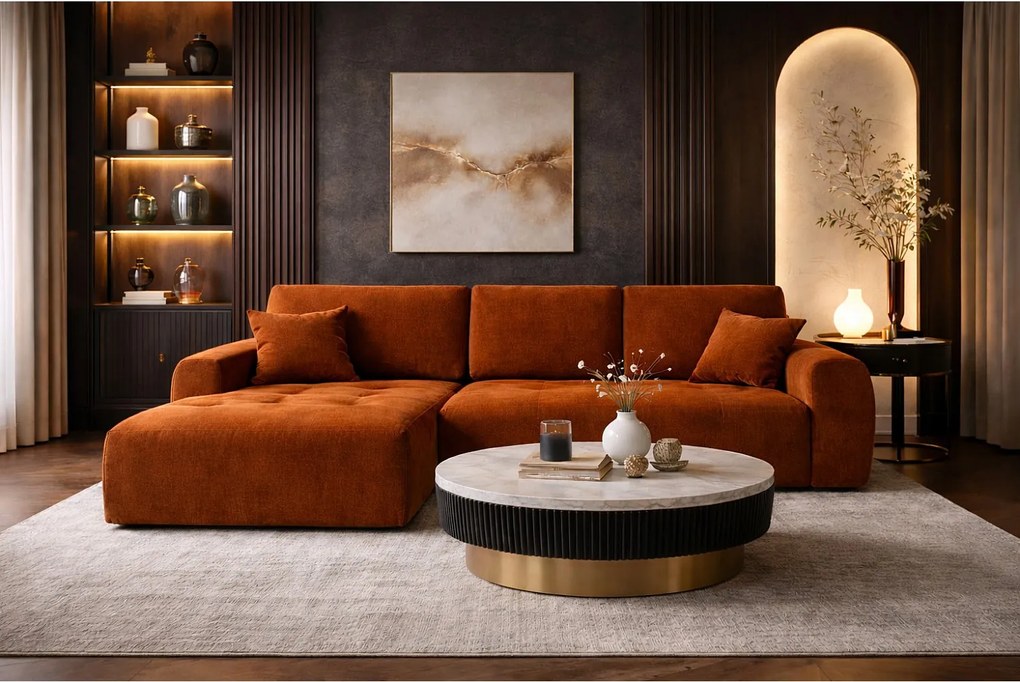 Narożnik w kształcie L z funkcją spania i pojemnikiem Ivo XL, tkanina welurowa Salvador, Brązowy, Lewy