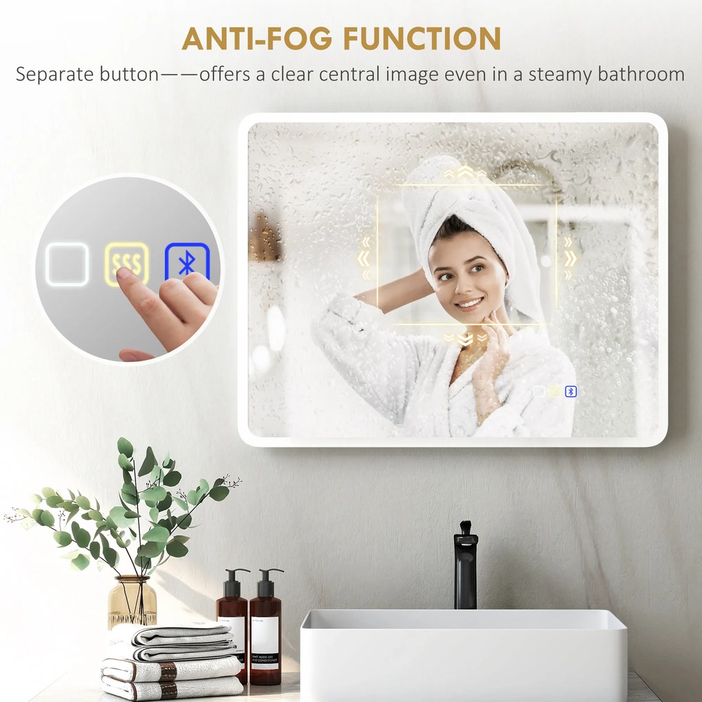 HOMCOM Lustro łazienkowe LED Bluetooth 70x90 cm podświetlane antypara głośnik 3 kolory światła dotykowe ścienne prostokątne | Aosom PL