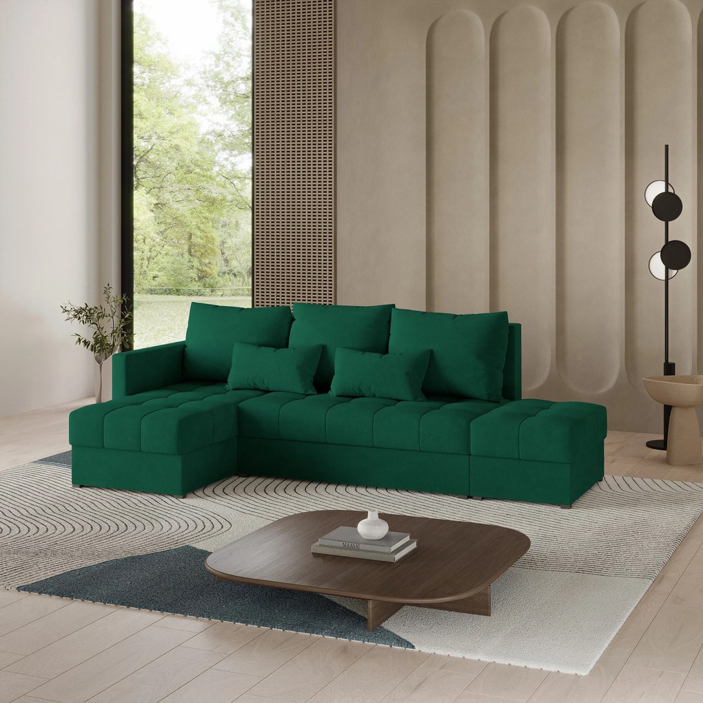Masseno Narożnik LUMARI z funkcją spania i pojemnikiem na pościel Narozniki L, Rozkładana sofa - Butelkowa zieleń, KRONOS 19