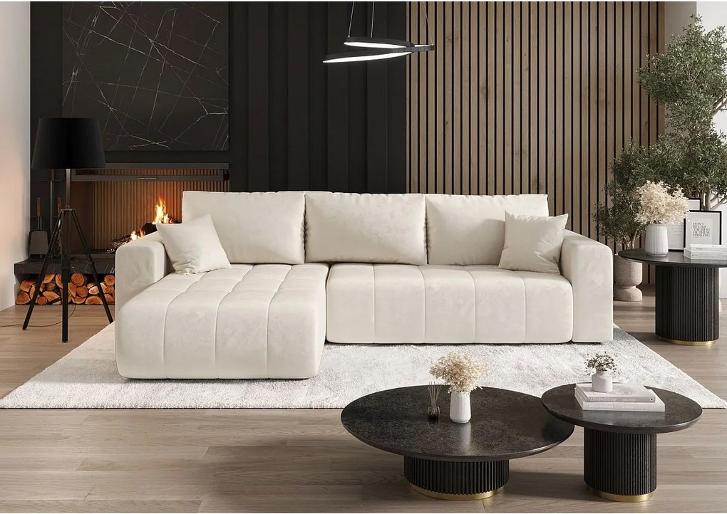 Narożnik z funkcją spania MILO Monolith 02 kremowy lewy sofa w kształcie L z pojemnikiem na pościel sofa do salonu, sofa rozkładana, sofa z pojemnikiem