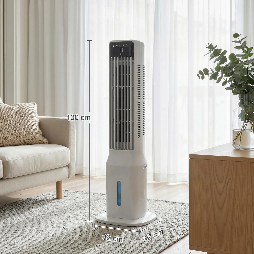 HOMCOM Przenośny klimatyzator, 3-w-1 klimatyzator parowy z 9-litrowym zbiornikiem na wodę, oscylacja 48°, 3 prędkości, 3 tryby, biały | Aosom PL