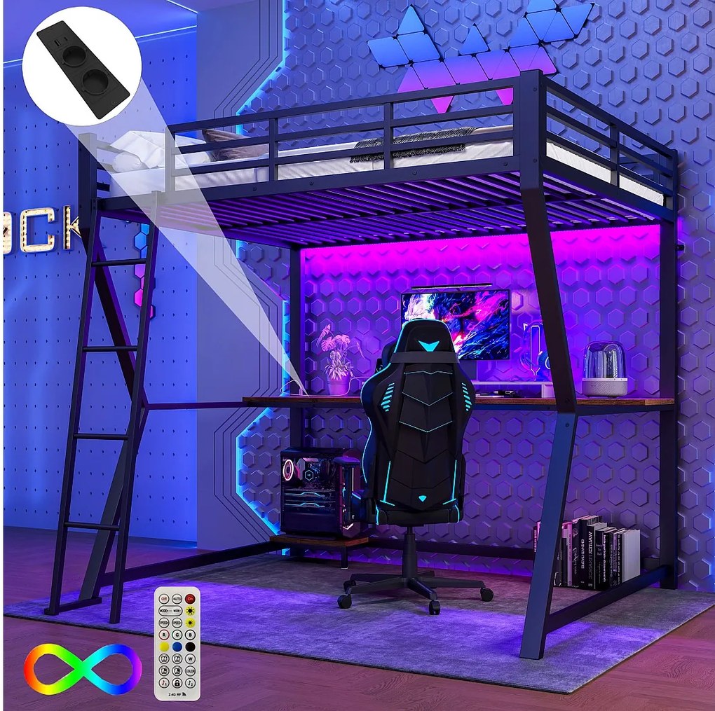 Łóżko piętrowe 140x200 cm - łóżko dla dorosłych z oświetleniem LED i USB, biurko - czarne - materac nie jest wliczony w cenę