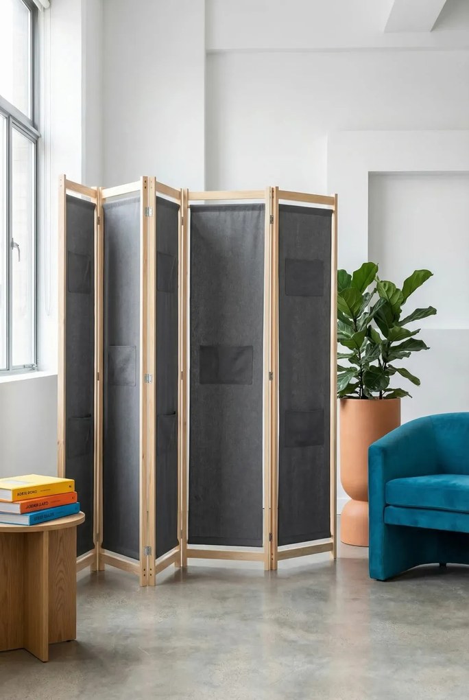 Szary 5 panelowy parawan z drewnianą ramą R8-B57