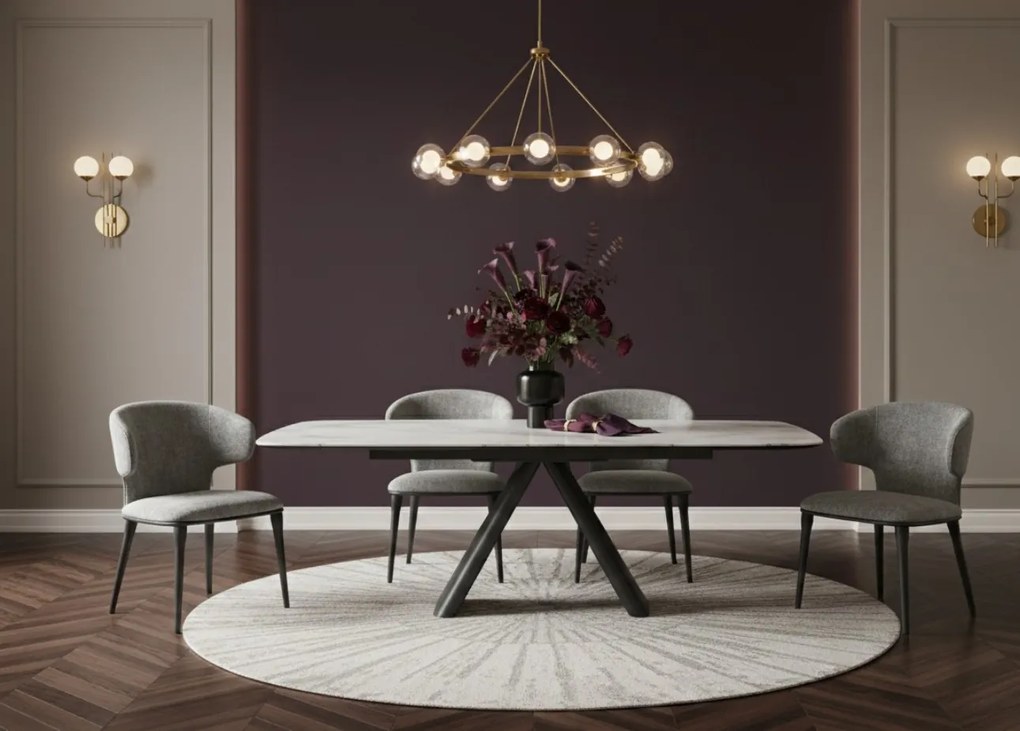 Elegancki stół z białym ceramicznym blatem na hartowanym szkle. Metalowa podstawa z czarnej stali nadaje mu nowoczesny charakter i wyjątkową trwałość.