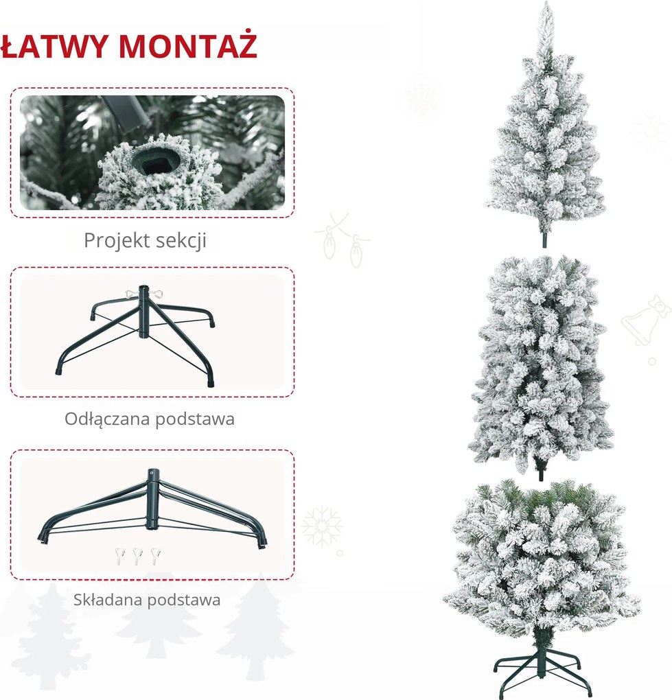 HOMCOM Sztuczna Choinka, niepalna, z efektem śniegu, szczupła, na metalowej podstawie, 75 x 210 cm, Zielona | Aosom PL