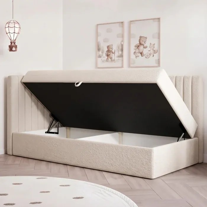 Łóżko Tapicerowane 90x200 cm NIVO Młodzieżowe Lewostronne Kremowe Boucle Skandynawskie
