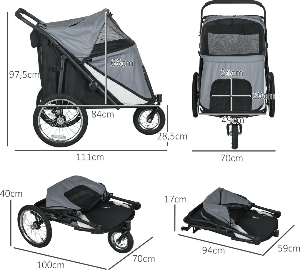 Outsunny Wózek dla Psa Składany Otwierany Daszek Poduszka Szary Czarny | Aosom PL