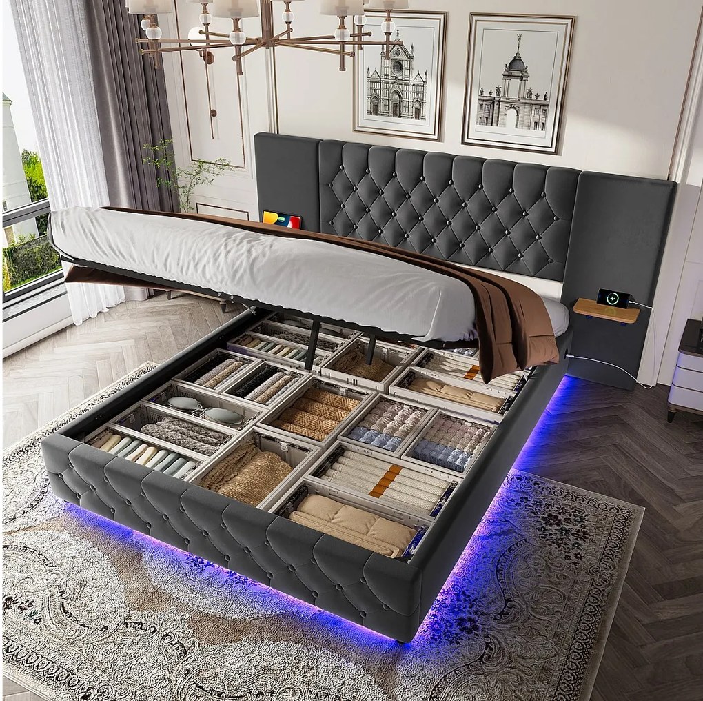 Łóżko tapicerowane ze schowkiem - 160 x 200 cm - z szerokim wezgłowiem + diody LED + port USB - schowek hydrauliczny - aksamit - szary