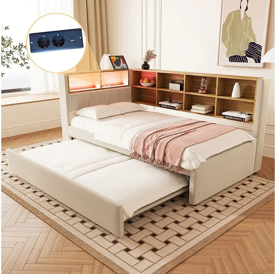 Łóżko dzienne 90 x 200 cm - Łóżko wysuwane 90 x 190 cm z oświetleniem LED i dużą ilością miejsca do przechowywania - beżowa flanela