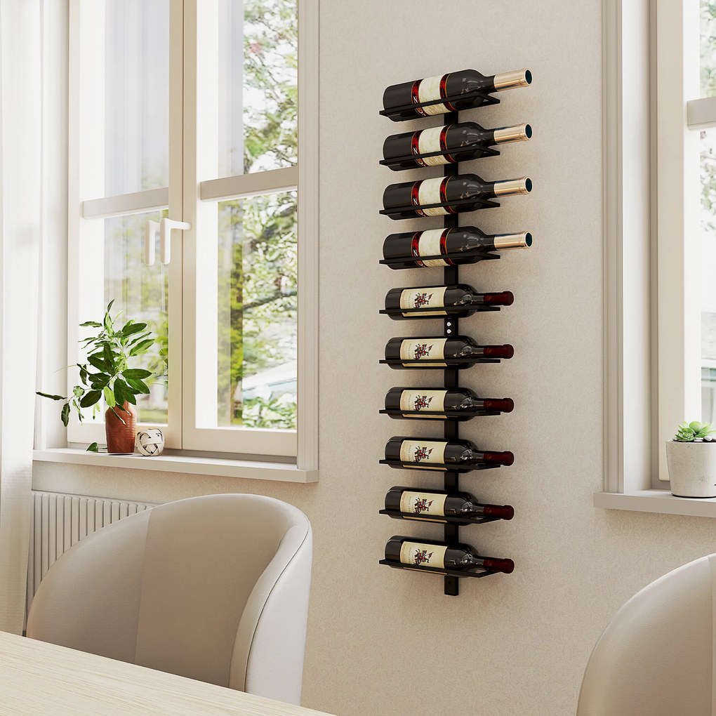HOMCOM Regał na wino metalowy uchwyt ścienny na 10 butelek do kuchni salonu domowego baru czarny | Aosom PL