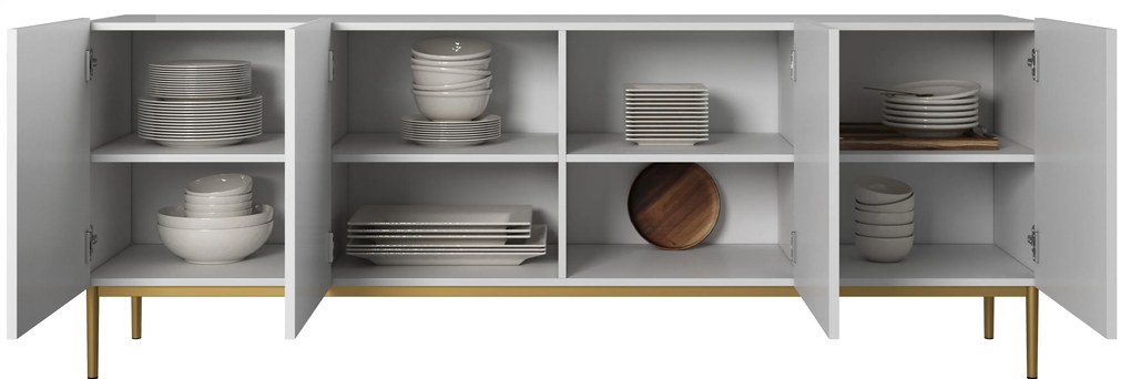 Komoda Nicole 200 cm czterodrzwiowa z ryflowanym frontem - biały mat / złote nóżki