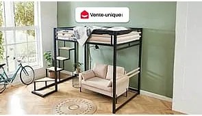 Łóżko antresola 140 × 200 cm – metal i MDF – kolor czarny i naturalny – JOGUI