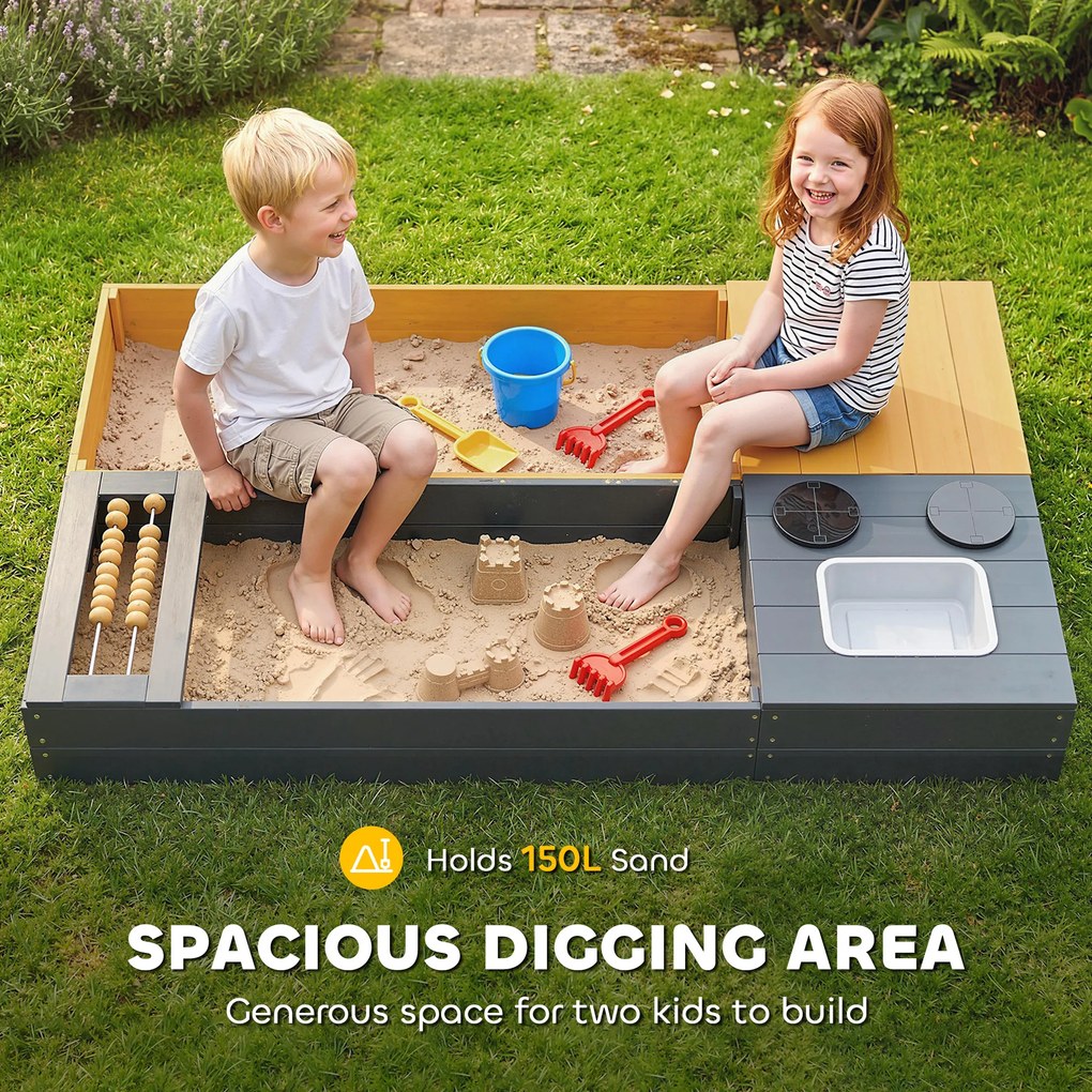 AIYAPLAY Piaskownica 2-częściowa 150x90 cm drewniana z siedziskiem, schowkiem, płytą grzewczą, wyjmowanym zlewozmywakiem i koralikami abakusa, żółta | Aosom PL