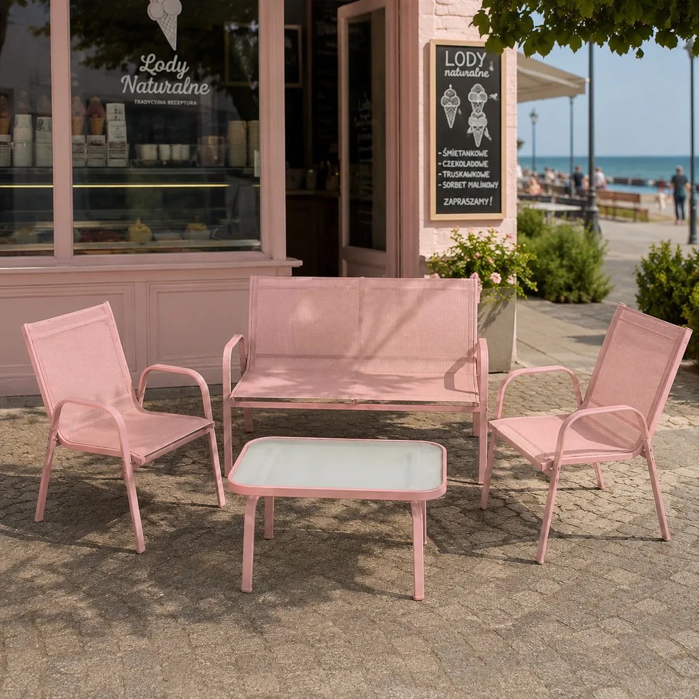 Zestaw mebli ogrodowych Boston 025 - sofa 2-osobowa, 2 fotele, stolik, kolor różowy