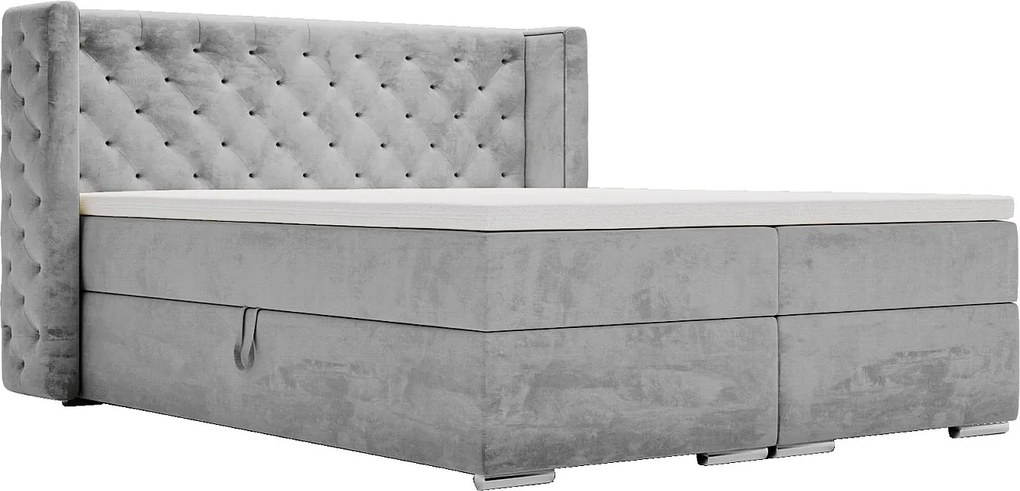Emporius Valencia Box łóżko kontynentalne 180x200 - topper, materac H3, pojemnik - łóżko małżeńskie, tkanina aksamitna, szary (Magic Velvet 2217)