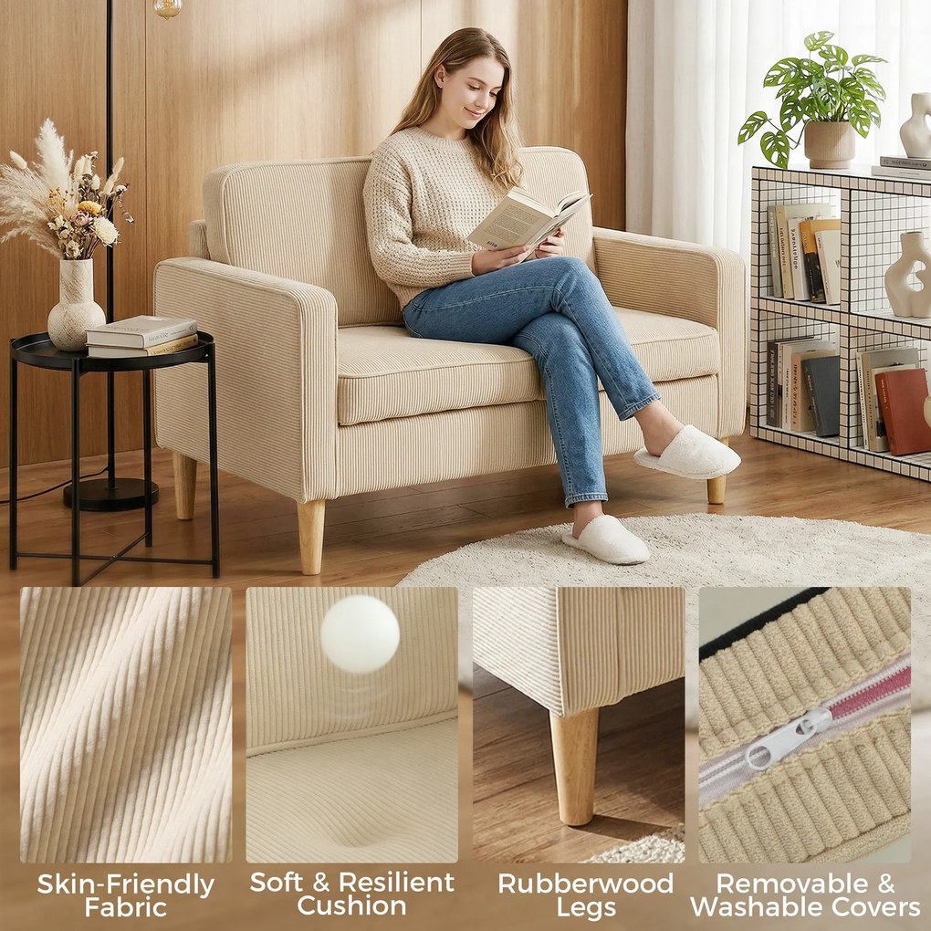 HOMCOM Sofa 2-osobowa z 2 poduszkami dekoracyjnymi, schowek nogi z litego drewna Mała nowoczesna dwuosobowa kanapa sztruks 117 x 63 x 79 cm Beżowy | Aosom PL