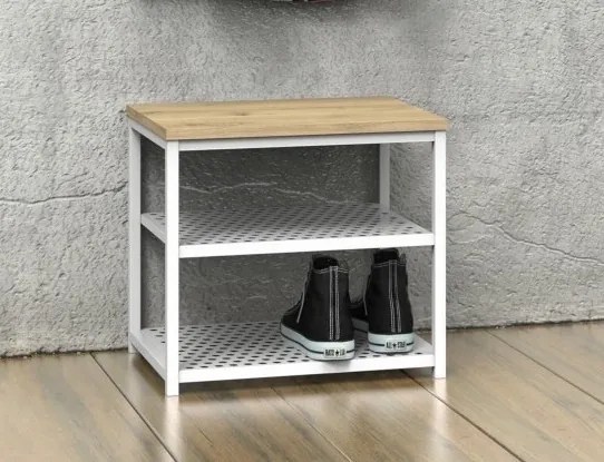 Loftowy taboret z półkami na buty Loft LT1, biały/dąb wotan
