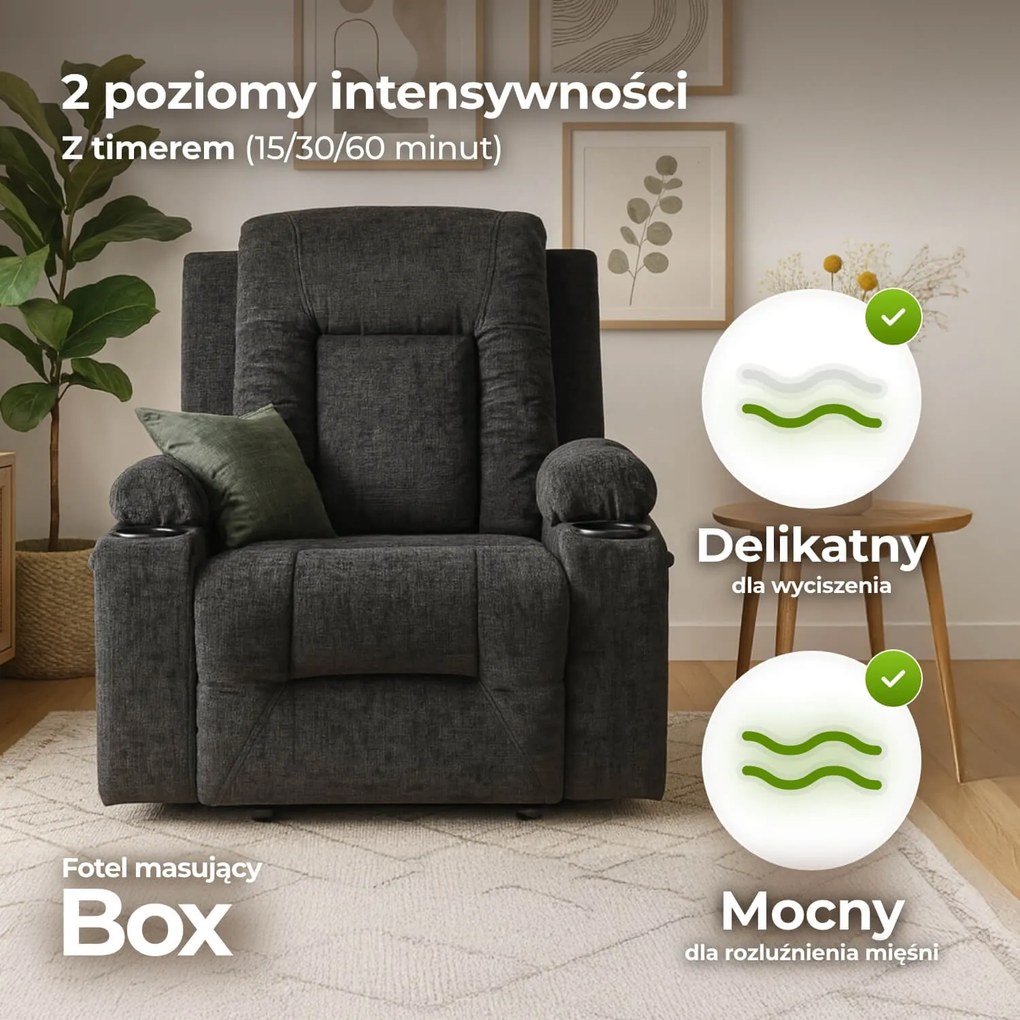 Fotel Masujący BOX Rozkładany Wypoczynkowy z Podnóżkiem Czarny Welurowy Nowoczesny
