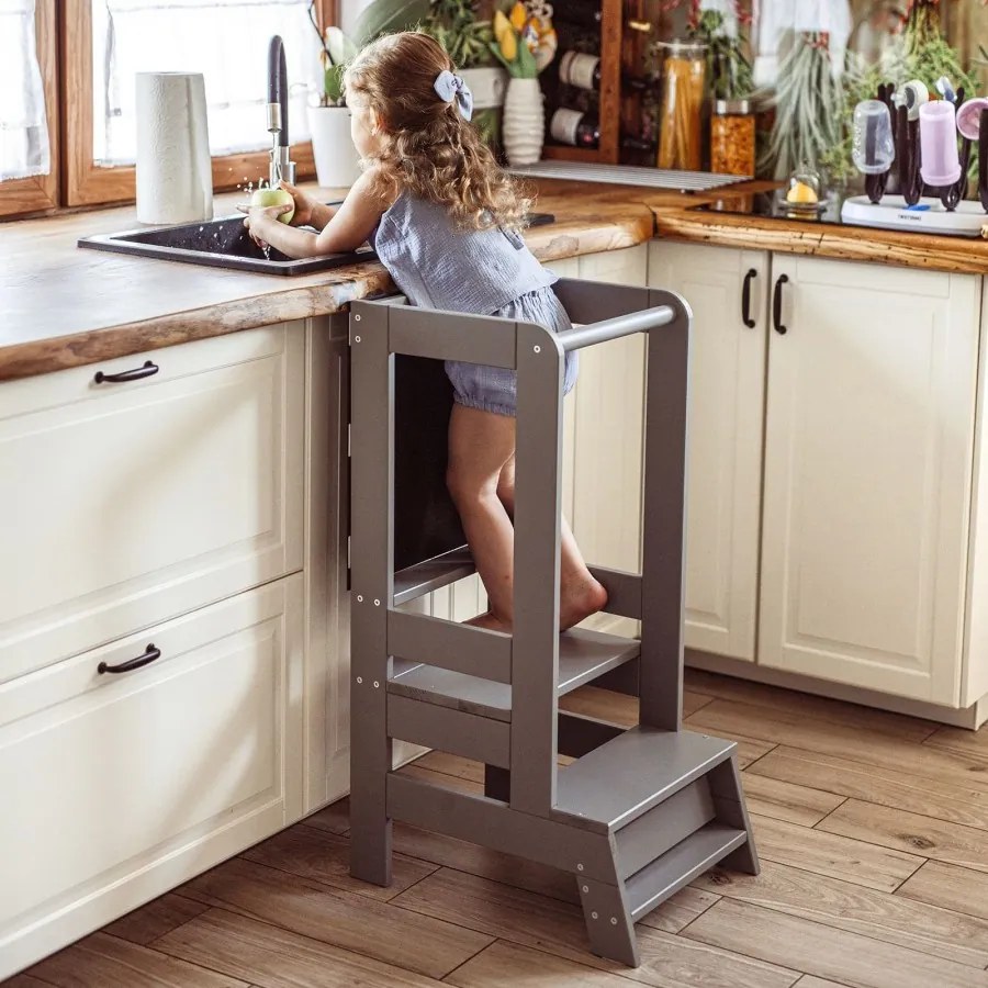 Kitchen helper z tablicą drewniany pomocnik kuchenny dla dziecka, szary ciemny - meowbaby®