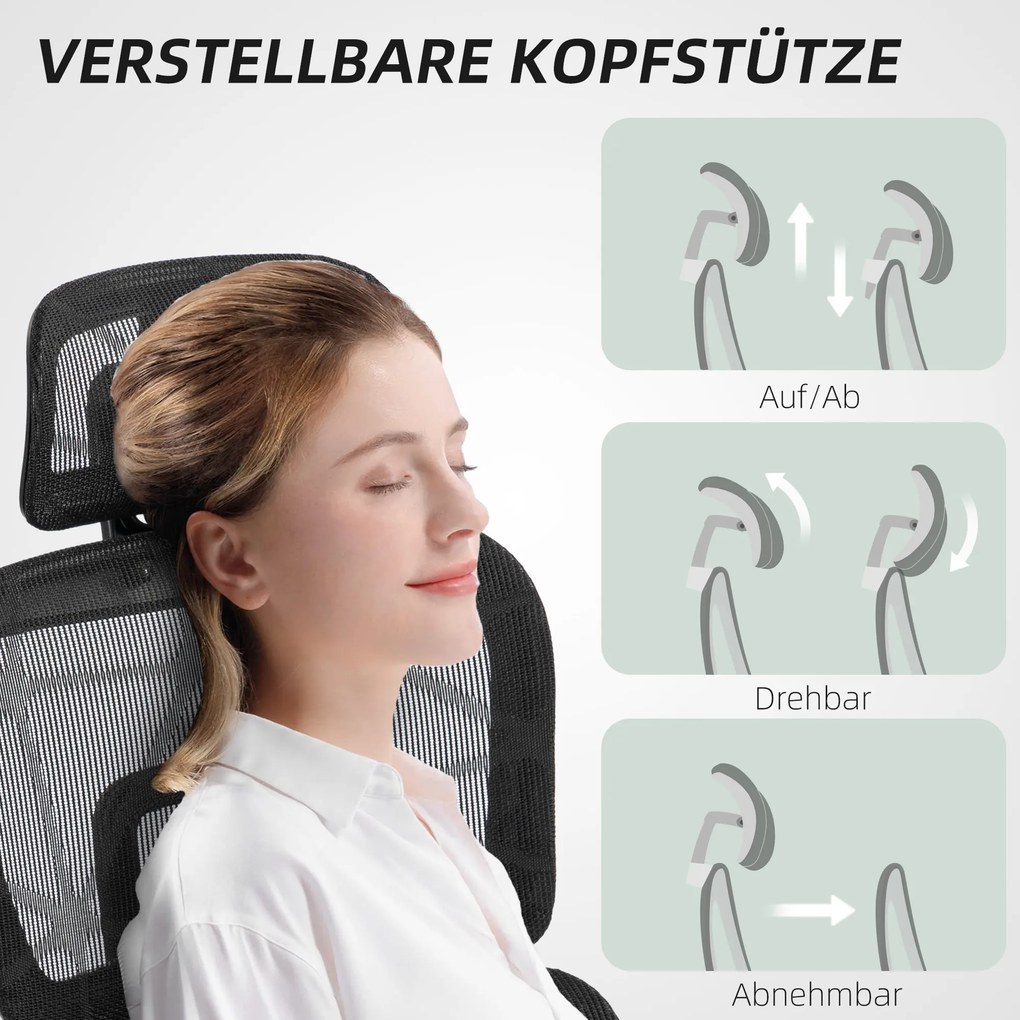 HOMCOM Fotel biurowy ergonomiczny regulowany krzesło na kółkach z siatką podłokietniki zagłówek czarny wygodny | Aosom PL