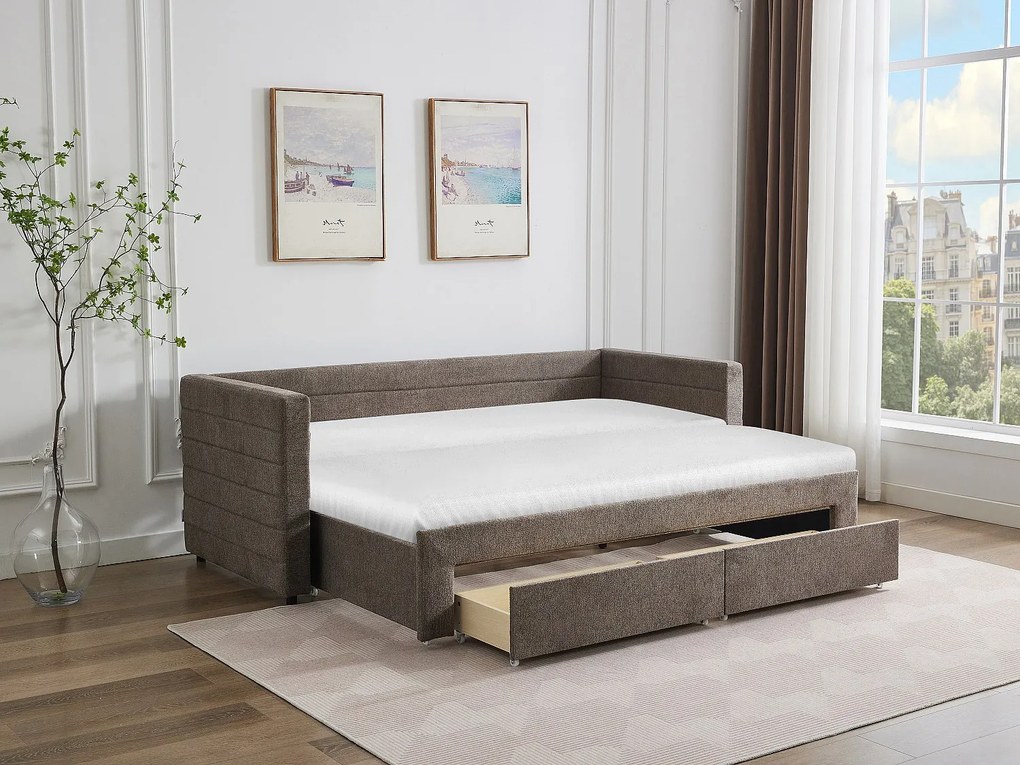 Łóżko wysuwane 2 x 80 x 200 cm - Z rozsuwanym stelażem i szufladami - Teksturowana tapicerka - Taupe - CAMITY