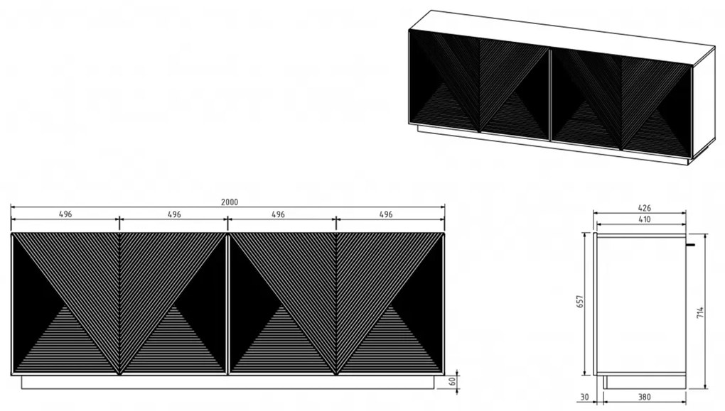 Komoda Asha 200 cm z ryflowanym frontem - kaszmir