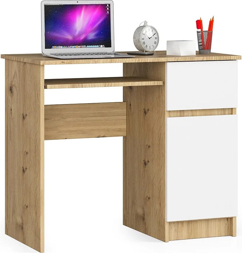 Biurko komputerowe AKORD PIKSEL Dąb Artisan 90 cm prawe 1 drzwi 1 szuflada kolor Biały mat 3 półki 90x50x77 cm