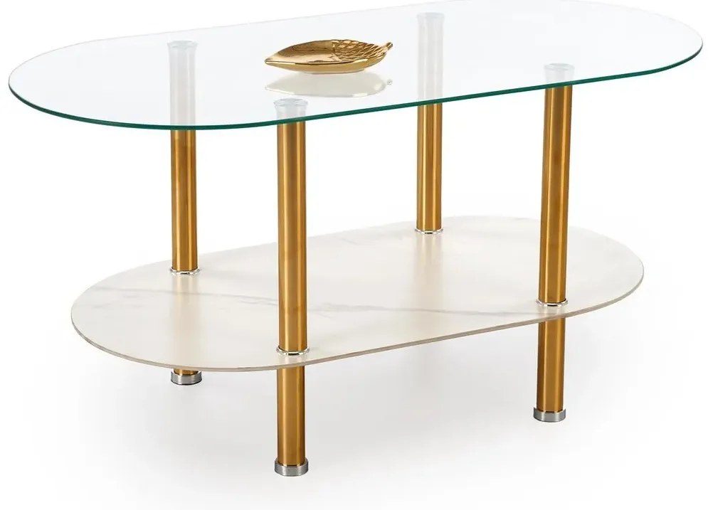 Ława szklana DUCAT 100x50cm biały marmur/transparentna/złota HALMAR