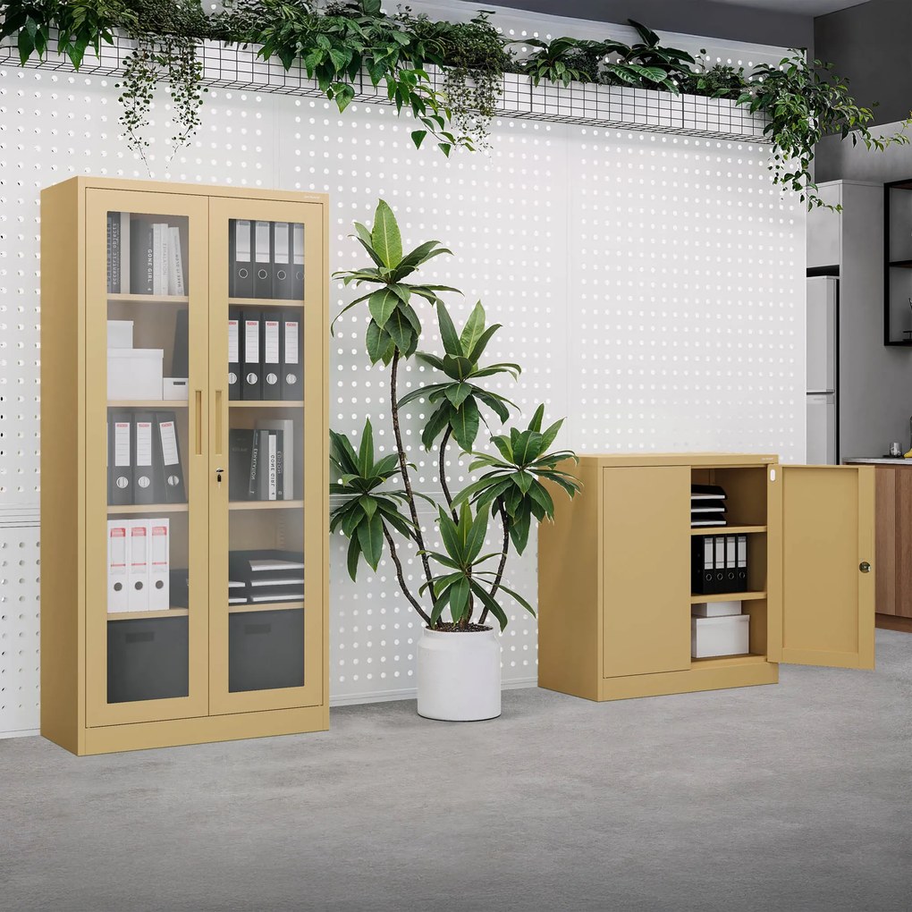 Witryna przeszklona metalowa wysoka z zamkiem beżowa, 900x1850x400 mm: AMELIA Fresh Style