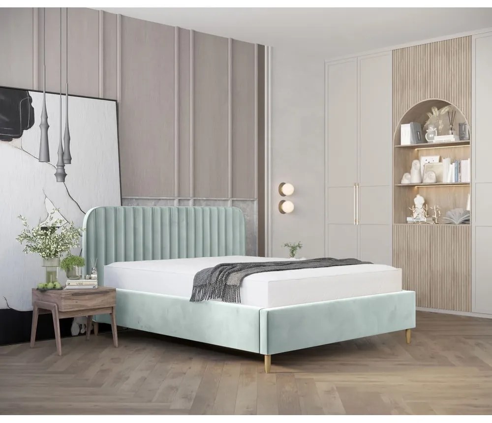 Miętowe tapicerowane łóżko dwuosobowe ze schowkiem i stelażem 140x200 cm Noto – Maison de Rêve