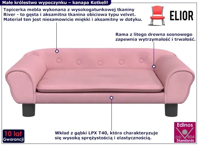 Różowa aksamitna kanapa dla dziewczynki - Kotkell