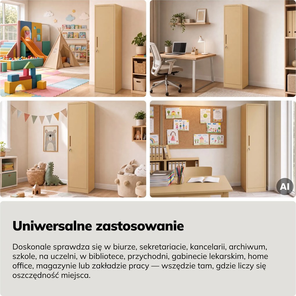 Szafa biurowa metalowa na akta, wąska, beżowa, 450x1850x400 mm: ALEX Fresh Style