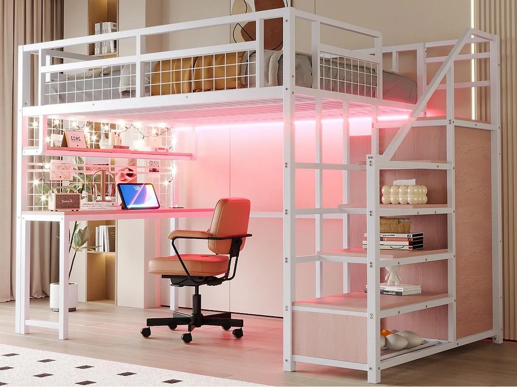 Łóżko mezzanine 140x200 cm - z oświetleniem LED i gniazdkami - z drabinką z miejscem do przechowywania - z szafą - przechowywanie i stolik - biały