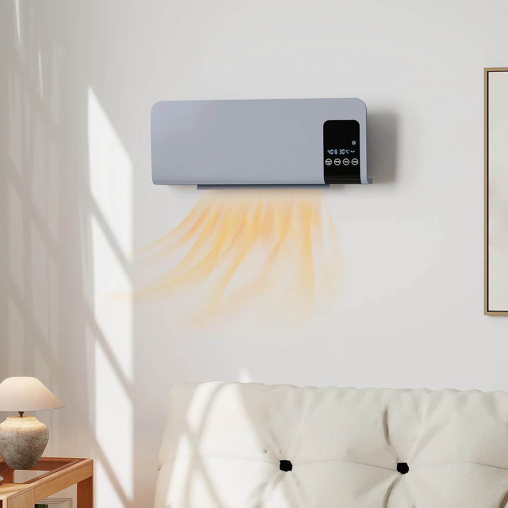 HOMCOM Elektryczne ogrzewanie, montaż na ścianie, funkcja oscylacji, 2 tryby, timer, wyświetlacz LED, szary | Aosom PL