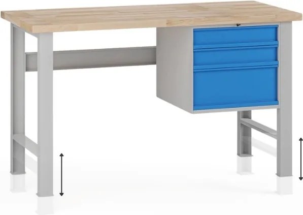 Stół warsztatowy z regulacją wysokości G7, blat bukowy, 1500 x 685 x 840-1040 mm, 1x kontener, 3x szuflada, niebieski