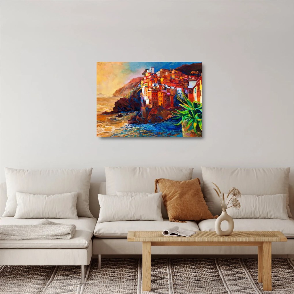 Obraz na szkle - Wieś na wybrzeżu Cinque Terre, Włoska Riviera, nowoczesny impresionism (70x50 cm)