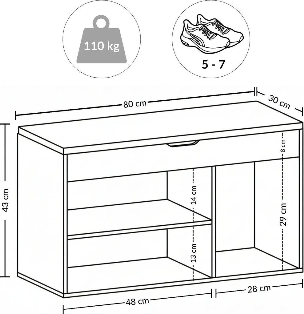 Szafka na buty z siedziskiem TRIA, 80 x 43 x 30 cm