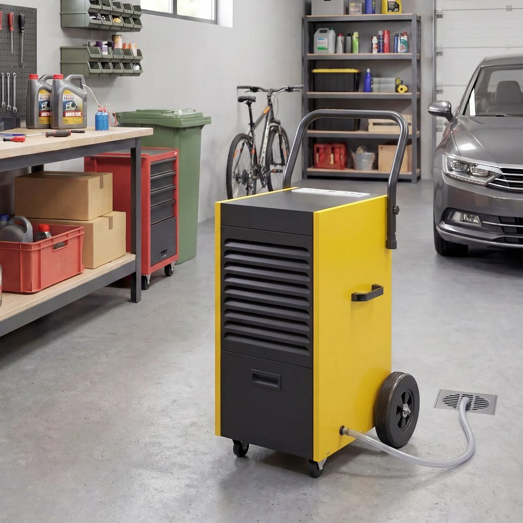 DURHAND Przemysłowy osuszacz powietrza 70L/dzień z kołami i uchwytem, wężem odpływowym, timerem 24-godzinnym, zbiornikiem 5,5L, żółty | Aosom PL