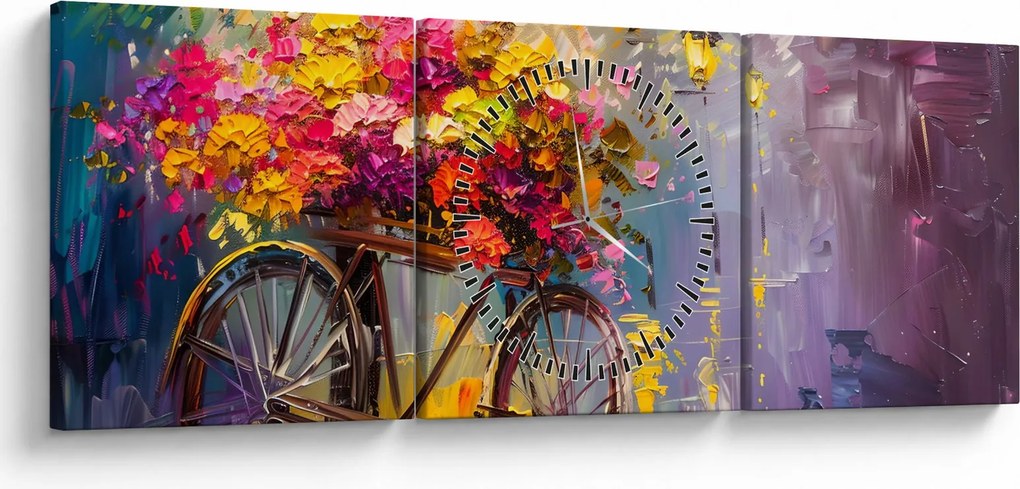 Obraz - Koło z kwiatami (z zegarem) (90x30 cm)